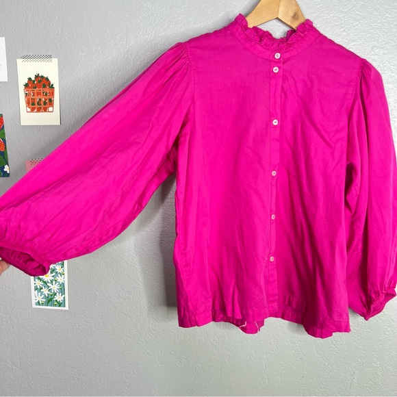 Gap, puff sleeve mock neck button up shirt in neon pink sz M - Picture 5 of 7